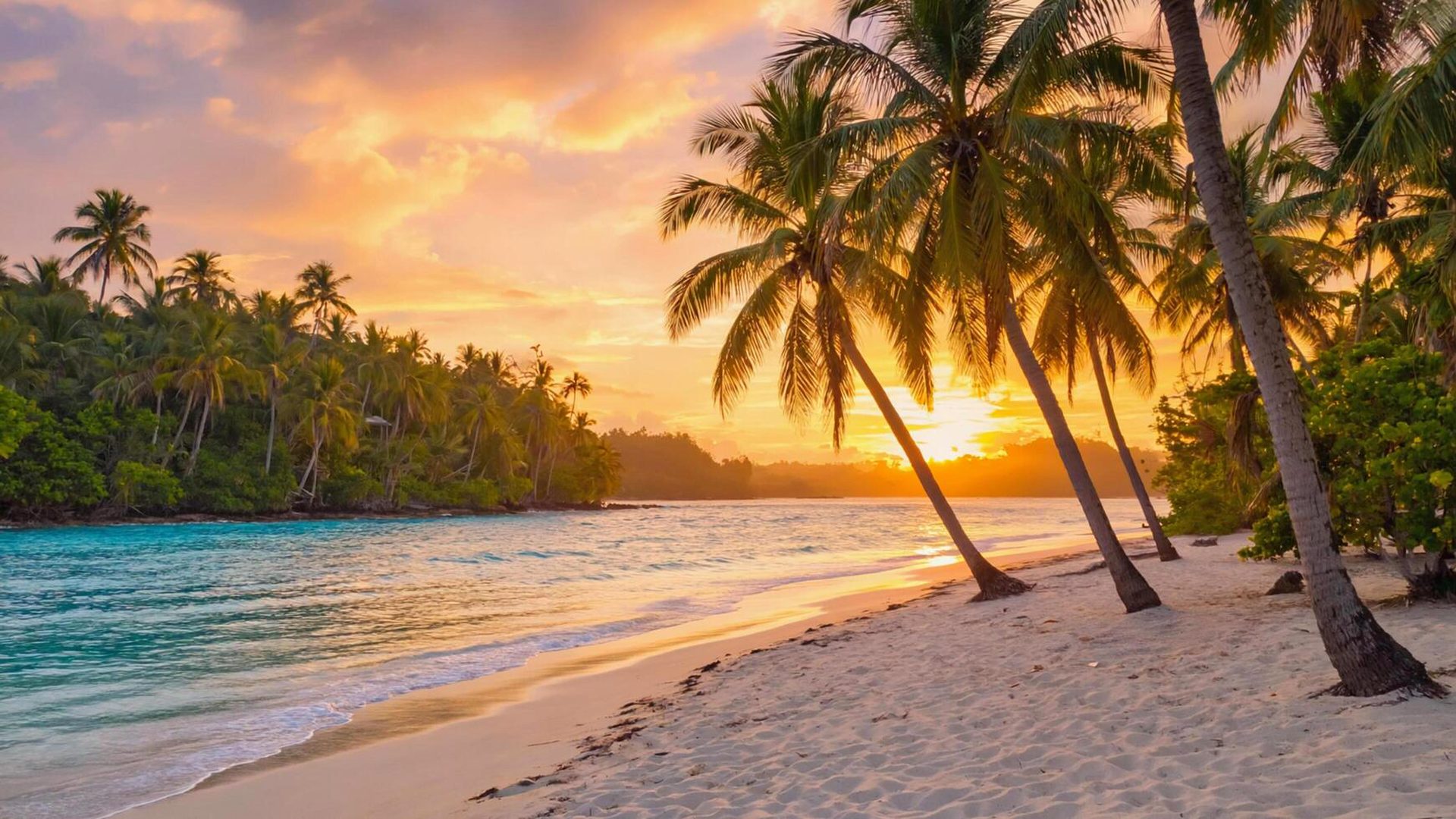 Golden sunset over a tropical beach with palm trees