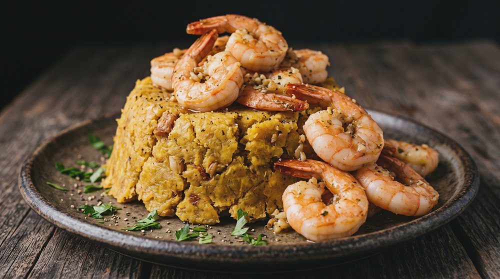 Garlic shrimp mofongo piled high on a plate